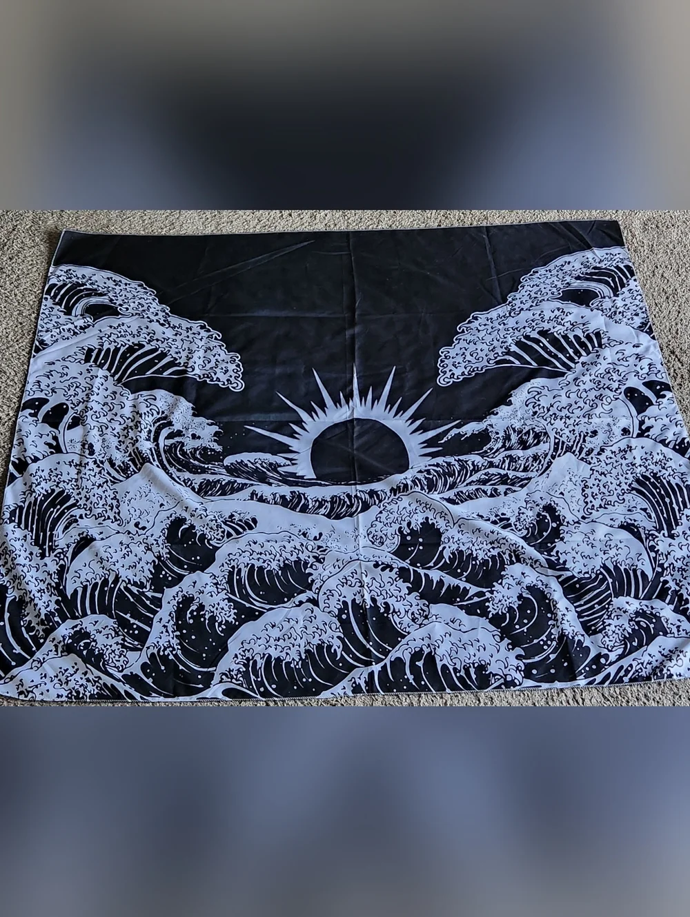 Large Black & White Ocean Wave Wall Hanging Tapestry with Rising Sun - Picture 1 of 6
